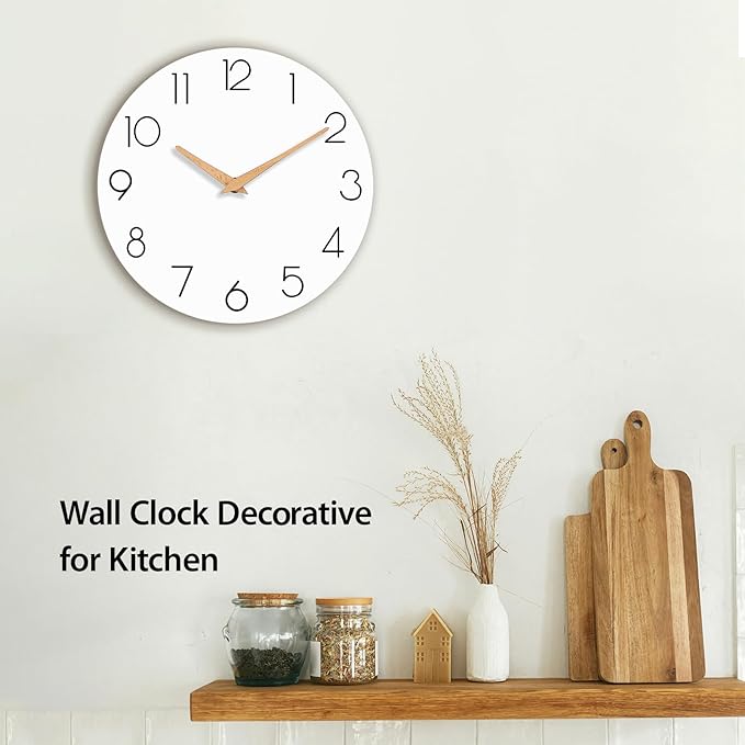 Wall Clock, 10 Inch Wooden Silent Non-Ticking, Decorative Battery Operated Wall Clocks for Bedroom, Kitchen, Home, Living Room, Office, School, Hotel (White)