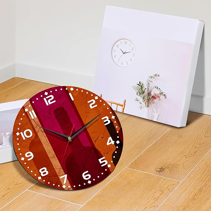 Clock for Living Room, Abstract Wine Wall Clock Vintage Wooden Wall Clock Silent Non-Ticking Battery Operated Arabic Numerals Wall Clocks Decorative for Kitchen, Office, Classroom 10 Inch