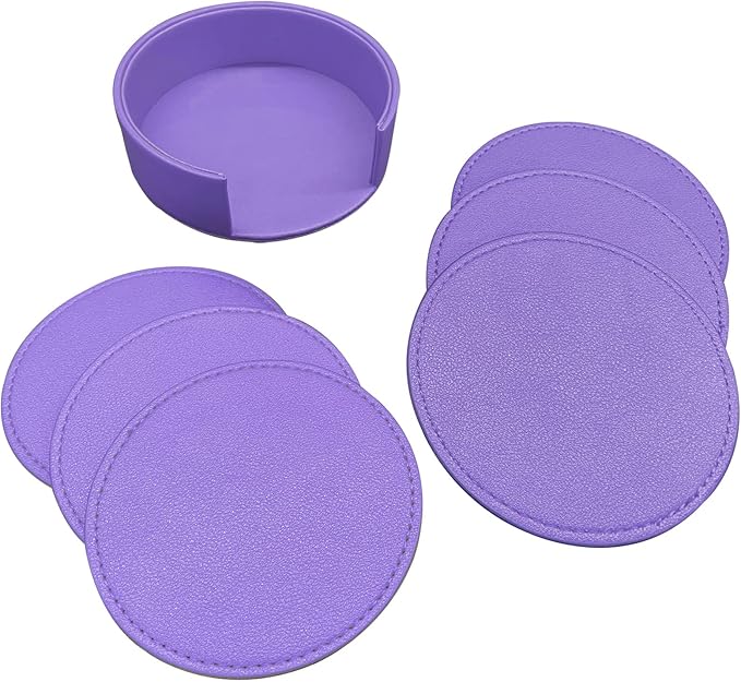 Coasters Set of 6 Soft Leather Drink Coaster Round Coaster with Sewing Around, Suitable for Various Cups, Wooden Tables,Home Decoration,4 Inches (Dark Purple,Sewing Type)