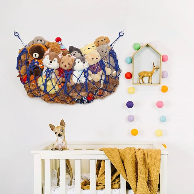 Stuffed Animal Net or Hammock Wall Macrame Toy Display Plush Toy Holder Ceiling Hanging Net for Stuffed Animal Storage (Blue, Small)