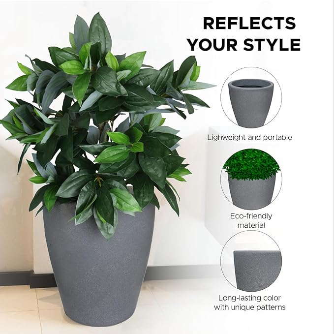 Elly Décor 23 inch Planter for Garden with Drainage, Large Round, Lightweight & Extremely Durable, Deck Indoor/Outdoor Plastic Pot, 23.6" x 21.6"x14, Granite Gray