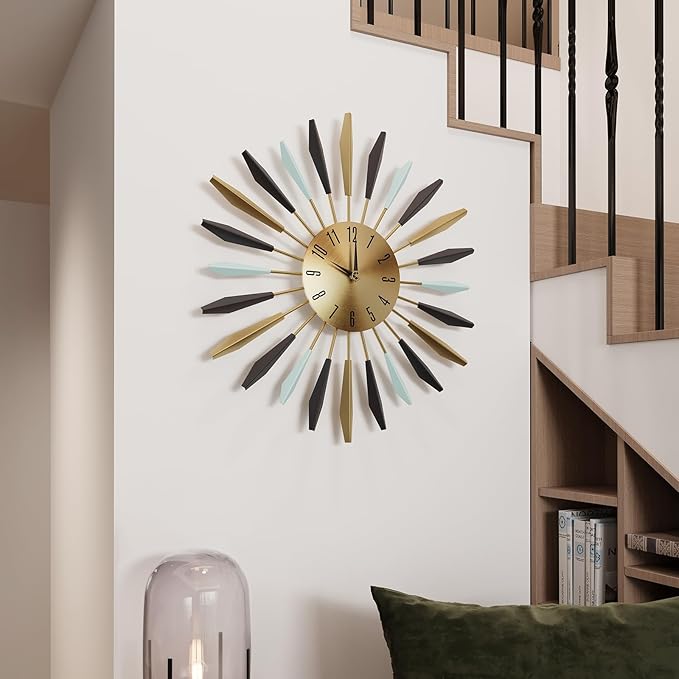 Mid Century Modern Wall Clock, 22 Inch Large Metal Wall Clock for Living Room Decor, Colorful Sunburst Starburst Decorative Clocks Silent Battery Operated for Kitchen Bedroom Office