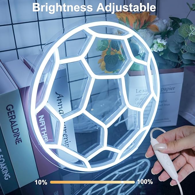 YSMNDE Soccer Neon Sign for Bedroom, Dimmable Soccer LED Signs for Wall Decor, Powered by USB Football Neon LED Light for Boys Room Birthday Party Kids Holiday Gifts,12'' X 12''