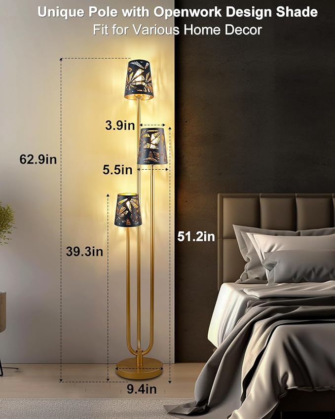 63IN Floor Lamp with Metal Shade, Unique Gold Tall Standing Lamps with 3 Poles, 3000K Warmwhite Mid Century Modern Floor Lamp for Living Room Home Office(Bulbs Included)