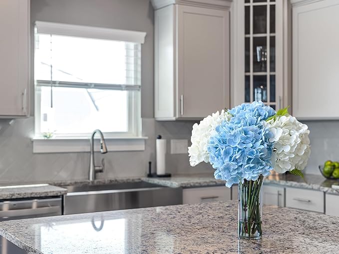 YalzoneMet Hydrangea Artificial Flowers 4 Pcs 2 White 2 Light Blue 21 inch Long Rod Real Touch Lifelike Fake Latex Hydrangea for Home Party Outdoor Wedding Gifts Christmas Decor Table Centerpiece