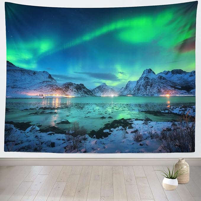 BELECO Large Northern Lights Wall Hanging - Aurora Borealis Tapestry With Snow Mountains and Lake View - Starry Night Norwegian Winter Wall Decor for Living Room, Bedroom, Dorm