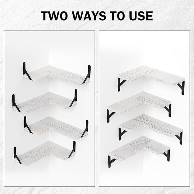 Muzilife Corner Floating Shelves Wooden Floating Shelve Set of 4, Wall Mounted for Storage, L-Shaped Shelves for Wall Decor Wall Organizer for Bedroom, Bathroom, Kitchen, Living Room and Office, White