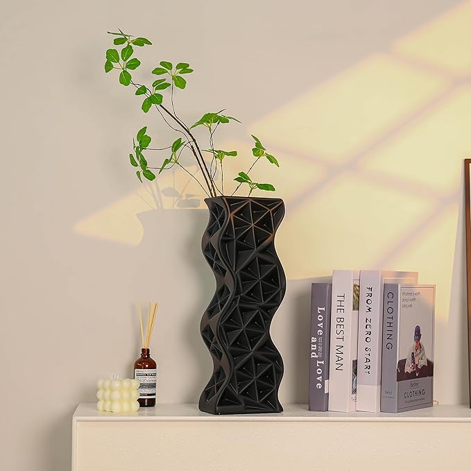 Modern Black Ceramic Tall Vase, 15.94" Large Vase for Living Room, Shelf, Table - Minimalist Twisted Design
