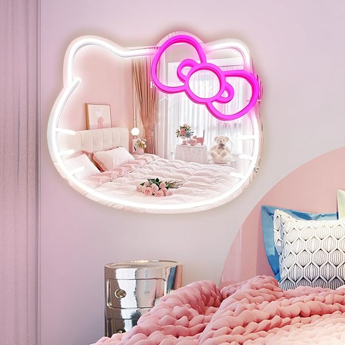 Anime Hello Kit Mirror with Light Neon Signs for Wall Decor, Neon Mirror with Dimmable for Teen Girl Gift,Makeup Mirror neon Sign Room Decor (14.6 * 12.2 inch)