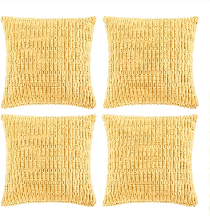 Fancy Homi 4 Packs Yellow Spring Decorative Throw Pillow Covers 18x18 Inch for Living Room Couch Bed Sofa, Rustic Farmhouse Boho Home Decor, Soft Striped Corduroy Square Cushion Case 45x45 cm
