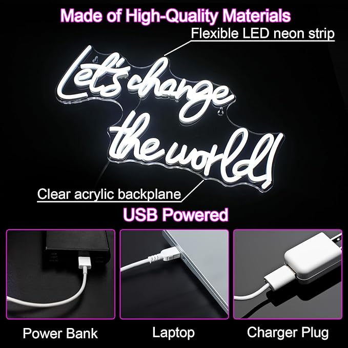 Let's Change the World Neon Led Sign, White Neon Signs for Wall Decor, Neon Lights Signs with USB Powered for Bedroom, Living room, Wall Hanging Decor