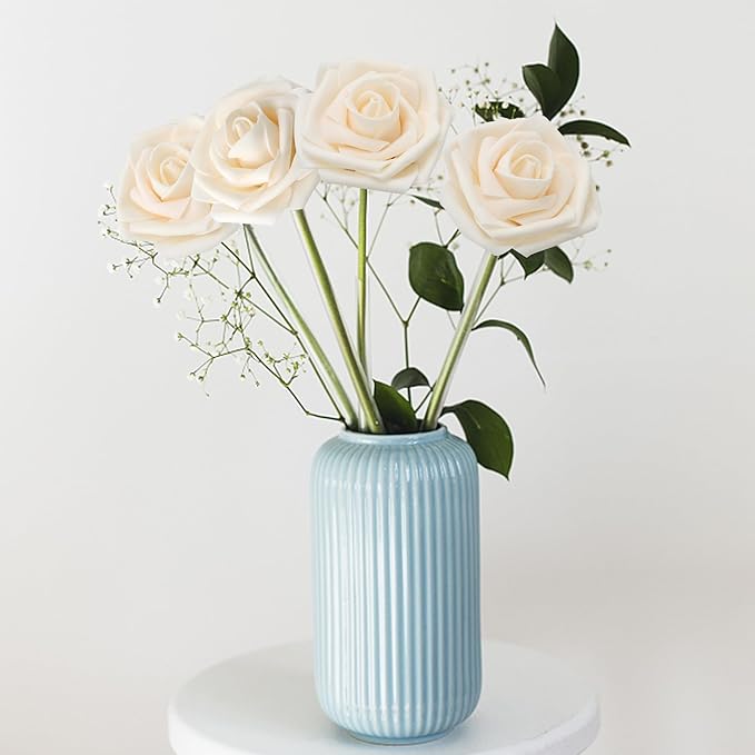 Artificial Flowers 50PCS Champagne Roses Real Looking Foam Fake Roses with Leaves and for DIY Wedding Bouquets Bridal Shower Centerpieces Party Decorations (Champagne)