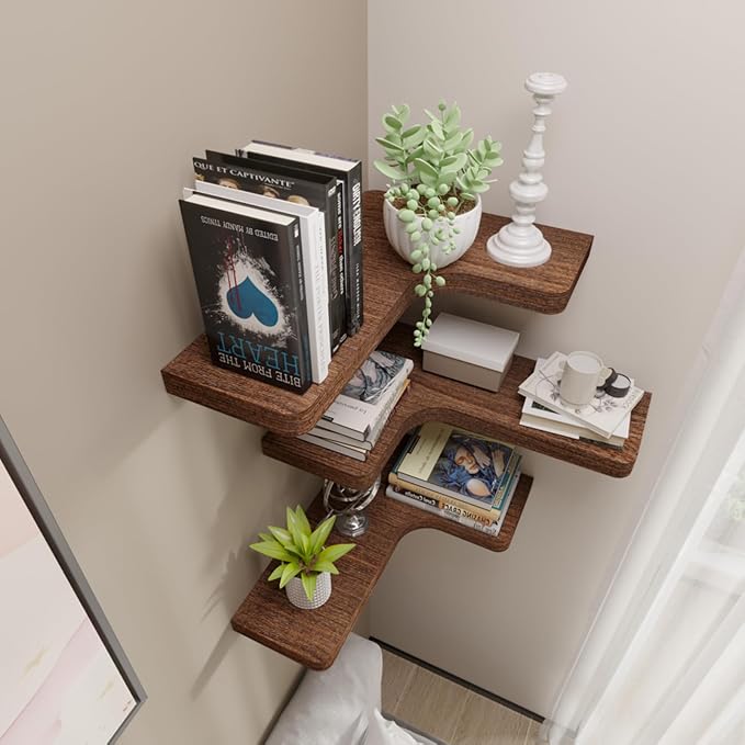 SAUMONIERES Corner Floating Shelves Wall Mount Shelf Solid Wood for Bedroom Bathroom Room Kitchen Storage Set of 3, Rustic Brown, Invisible Brackets