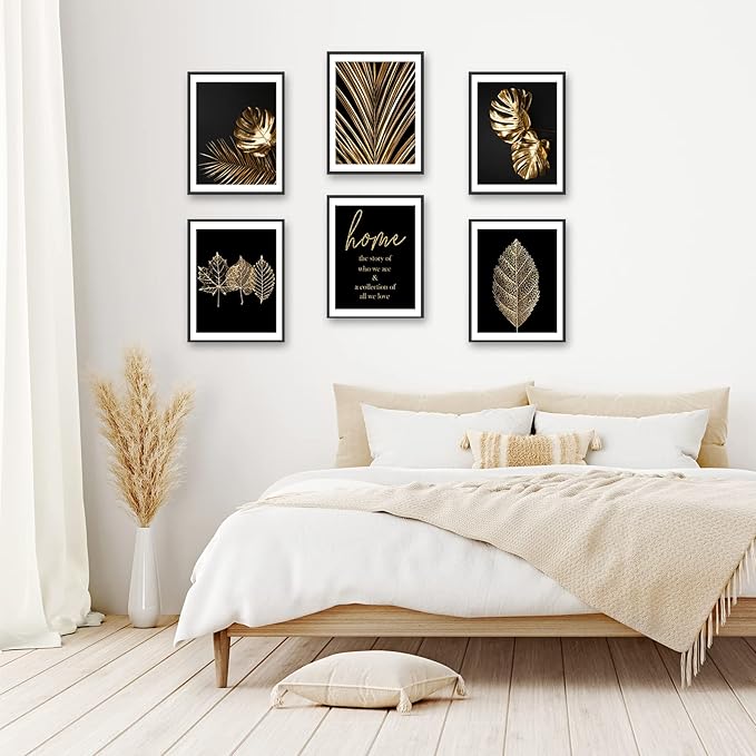 HoozGee Gold Leaf Art Prints Modern Black Gold Botanical Tropical Plant Leaves Art Wall Pictures Canvas Prints Gallery Wall Art Poster Wall Decor Bedroom Room Home Decor (11"x14" UNFRAMED)