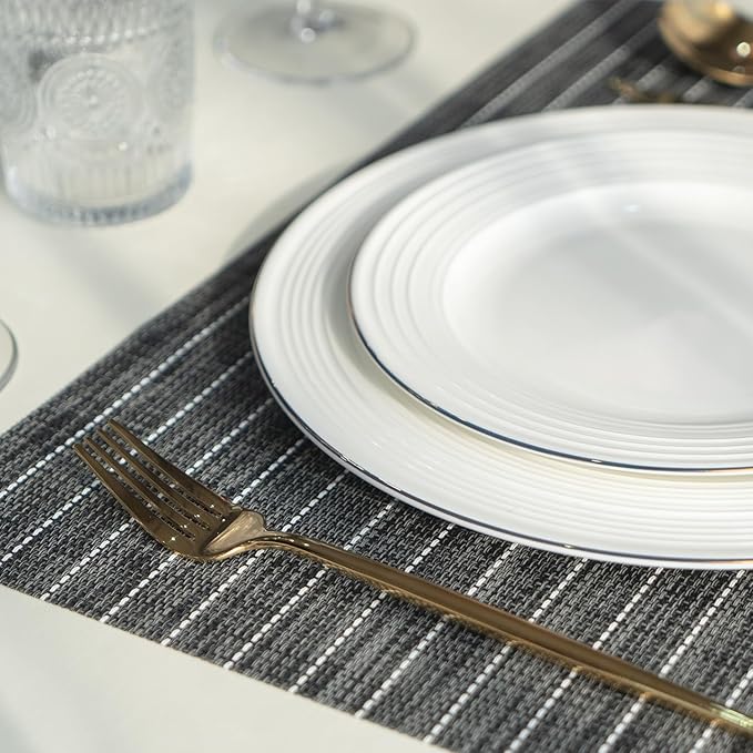 Placemats Set of 6 Vinyl/Plastic Woven Place Mats for Kitchen Table Indoor/Outdoor Washable Placemat Wipeable Dining Table Mats (Black Stripes,6)