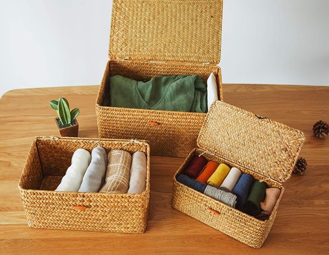Yesland Shelf Baskets with Lid Set of 3, Handwoven Seagrass Storage Bins Box Rectangular Seagrass Basket Storage Organizer Wicker Basket for Shelf