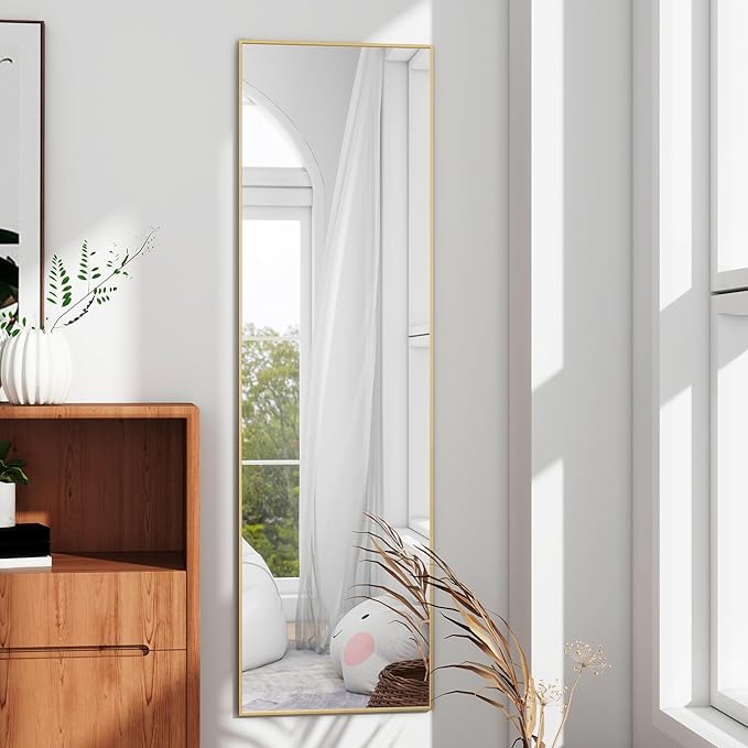 Over The Door Full Length Mirror, Wall Mounted 14"x 48" Full Body, Back of Door Hanging for Bedroom Living Room, Gold