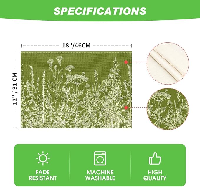 Artoid Mode Antique Herbs and Wild Flowers Spring Placemats Set of 4, 12x18 Inch Seasonal Sage Green Summer Table Mats for Party Kitchen Dining Decoration