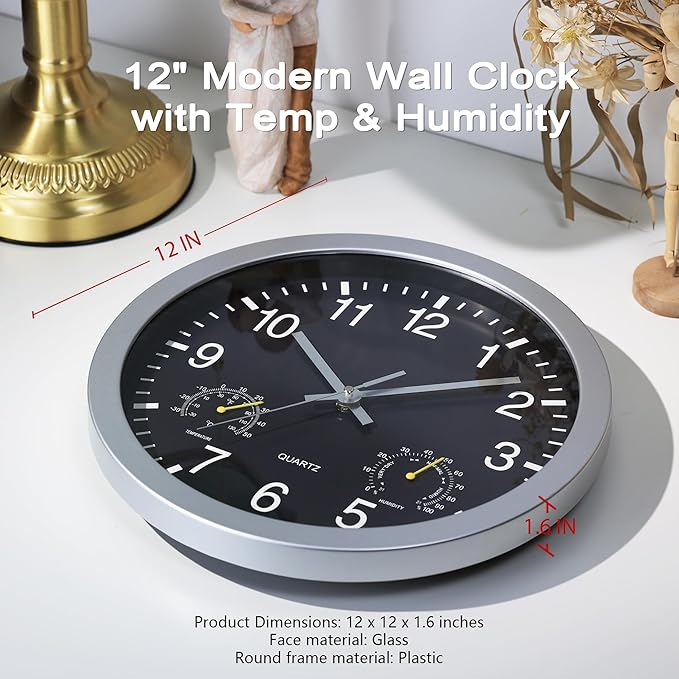 AYRELY® 12 inch Silent Wall Clock with Temperature & Humidity – Battery Operated Decorative Clock for Home, Kitchen, Bedroom (Black, 12 inch)