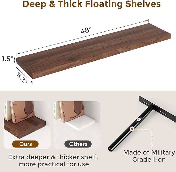 48"W x 9"D Floating Shelves Set of 2, 9.3 Inch Deep Floating Shelves Wall Mounted, Wide Wall Shelves Invisible Bracket, Deep Storage Shelves for Living Room, Bathroom, Kitchen, Walnut Color