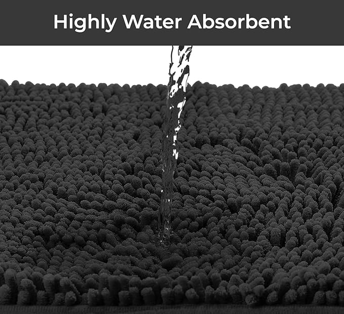 LuxUrux 2 Piece Bathroom Rug Set - Premium Plush Bath Mat Shower Rugs, 1" Chenille Microfiber, Non-Slip & Absorbent, Soft & Cozy, Durable Stylish (20x30 & 16x24 inches, Black)