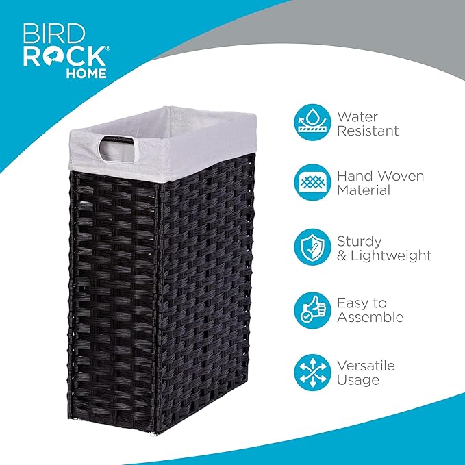 BIRDROCK HOME 22" Laundry Hamper with Removable Liner Bag - Handwoven PE Rattan Clothes Basket - Compact & Collapsible Laundry Storage for Bedroom & Bathroom - Perfect for Small Spaces - Slim, Brown