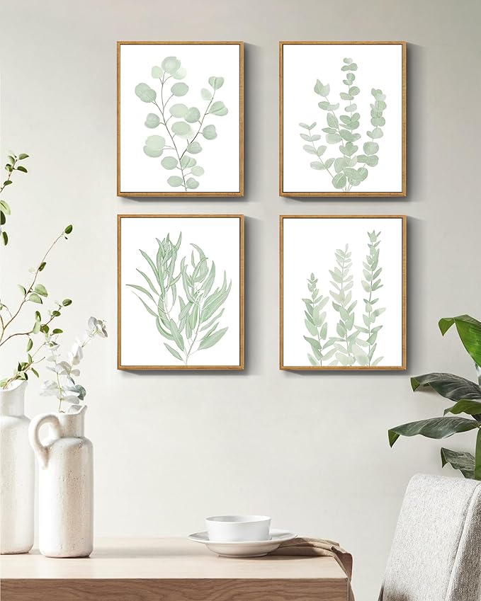 Drsoum Framed Botanical Plant Canvas Wood Wall Art Light Green Sage Wall Decor Eucalyptus Leaf Picture for Bedroom Living Room Bathroom Office 8βx 10β x 4pcs