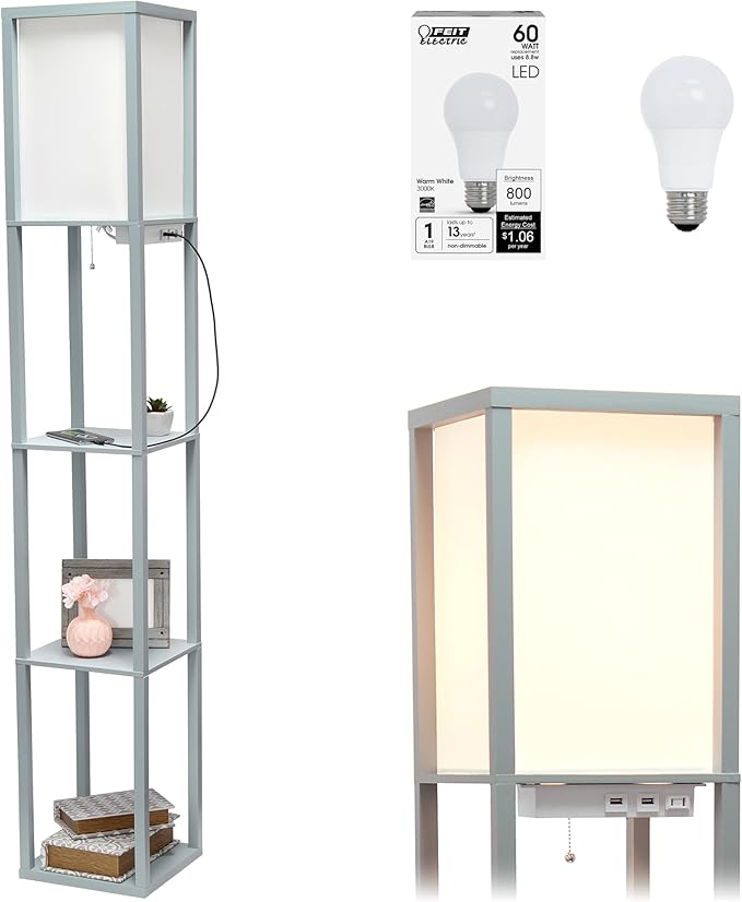 Simple Designs LF1037-GRY-LB Three Shelf Etagere Organizer Storage Floor Lamp with 2 Dual USB Ports and Charging Outlet, Gray, with Feit LED Bulb Included