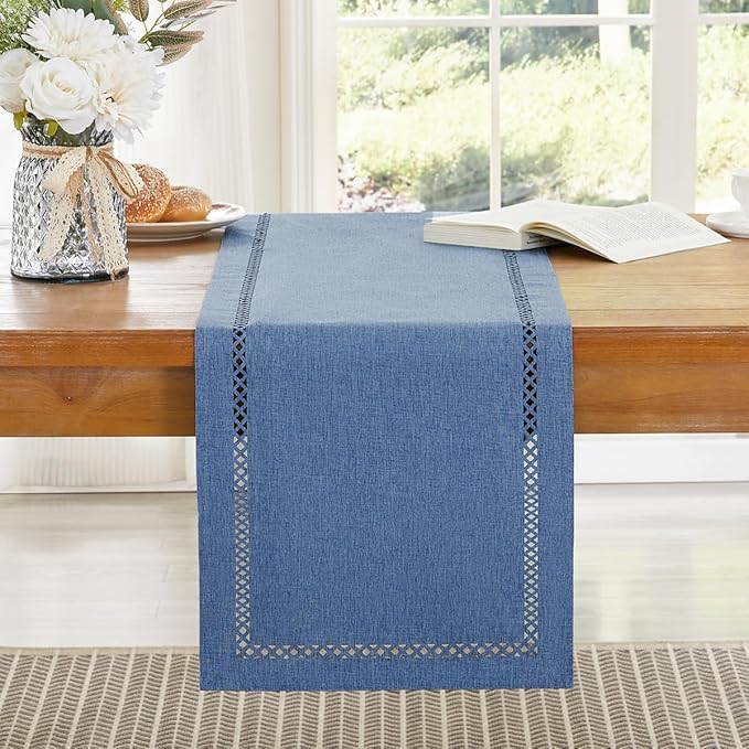Burlap Style Farmhouse Table Runner, 13 x 36 Inch Blue, Rustic Geometric Hollow Table Runners 36 Inches Long for Dresser Table Everyday Use, 13x36 Inches, Blue
