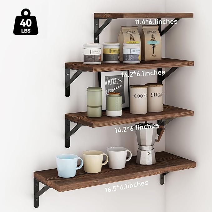 YGEOMER Floating Shelves for Wall, Different Sizes Dark Carbonized Pine Wall Shelves for Living Room, Bathroom, Bedroom, Kitchen, Home Decor (Set of 4)