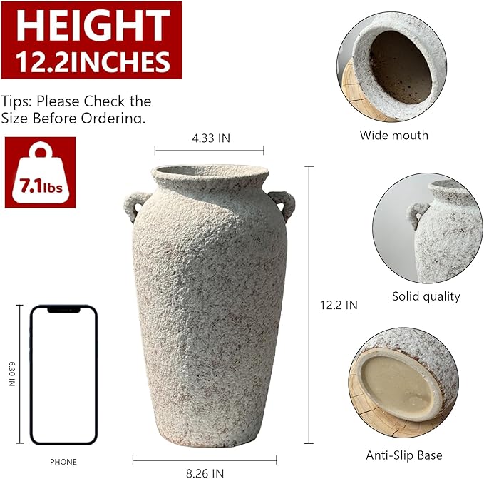 Ceramic Rustic Farmhouse Vase with 2 Handles, 12.2'' Tall Large Vintage Stoneware Clay Decorative Handmade Terracotta Pottery Flower Vase for Home Living Room Decor Table Entryway Grey White