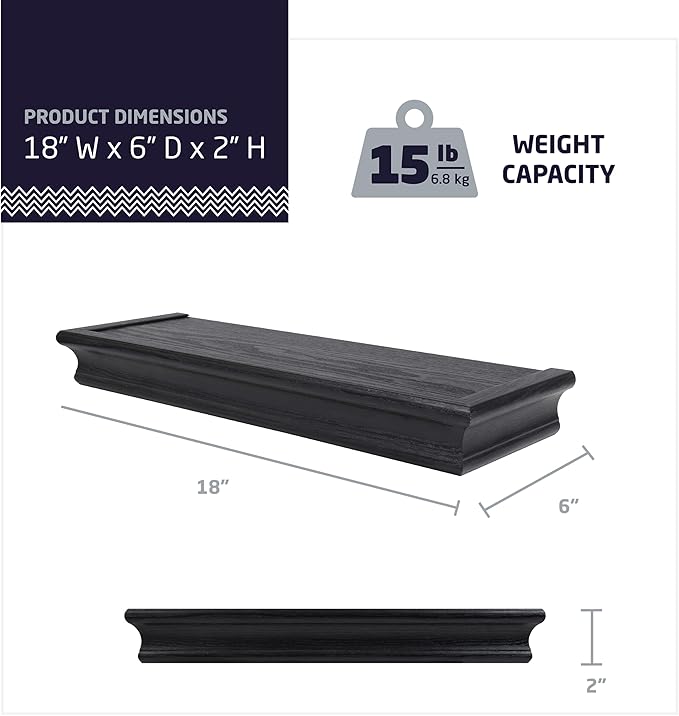 HIGH & MIGHTY 515655 Decorative 18" Floating Shelf Holds up to 15lbs, Easy Tool-Free Dry Wall Installation, Beveled, eCommerce Packaging, Black