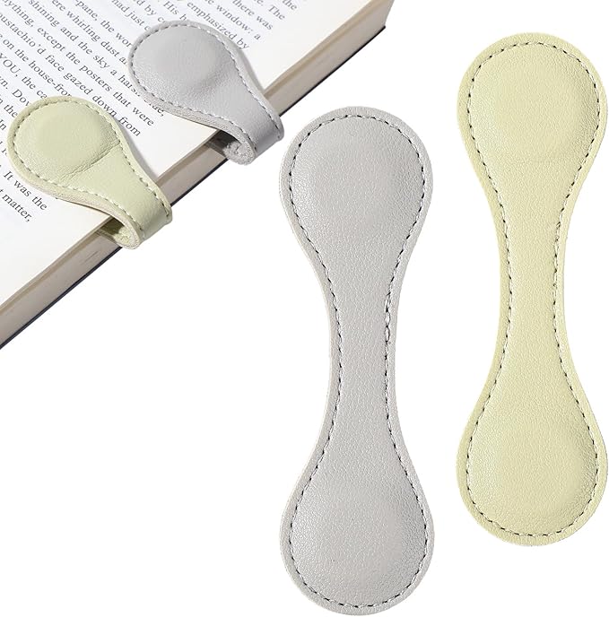 2 Pcs Leather Magnet Bookmark Retro Book Page Holder Vintage Page Marker Clip Handmade Cute Reading Accessories for Women Bookworm Book Lovers Reader Gift (Light Yellow + Light Gray)
