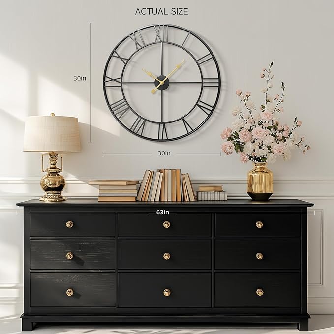 Large Wall Clock for Living Room Mantel, Completely Silent Non Ticking Battery-Operated, Modern Black Metal Round Wall Clock Decorative Clocks for Bedroom - 30 Inch Roman Number