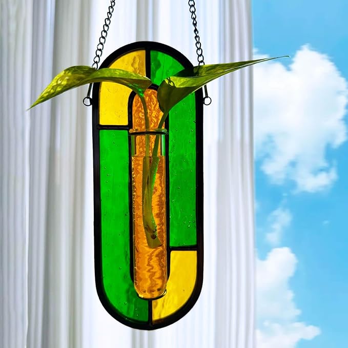 LITMIND Multi-Color Stained Glass Propagation Station - Handcrafted Translucent Suncatcher Planter with 2 Tubes, Hanging Hydroponic Décor for Windows & Garden