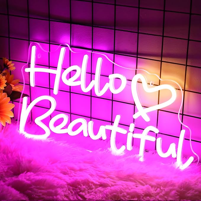 Hello Beautiful Neon Signs, Led Neon Light for Wall Decor for Bachelorette Party Birthday Engagement Party Wedding Decoration with Switch 22 x 12.3''(Pink + Warm White Heart)