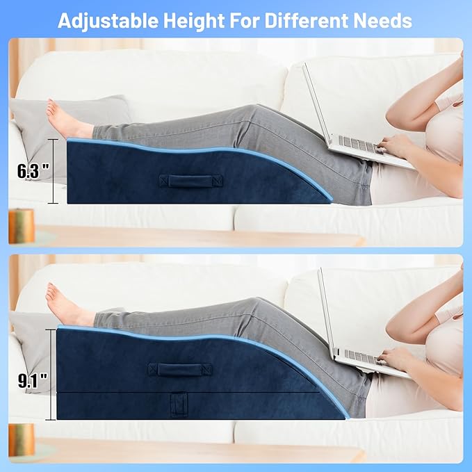 Leg Elevation Pillows, Wedge Pillow for After Surgery Or Rest, Memory Foam Leg Support Adjustable, Back Knee Hip Ankles Pain Relief, Knee Pillow for Sleeping Blood Circulation Blue