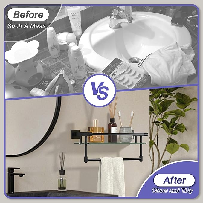 Glass Shelf for Bathroom 16 Inch Bathroom Shelves with Towel Bar, Tempered Glass Shelves with Stainless Steel Towel Holder for Wall Shelf Sink Over Toilet (Matte Black)