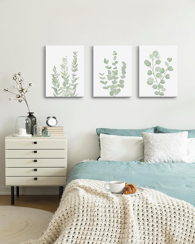 Botanical Eucalyptus Canvas FRAMED Wall Art,Boho Plant Wall Decor for Bedroom,Minimalist Prints for Living Room,Light Green Botanical Art Painting for Bathroom,Set of 3,12”x 16”