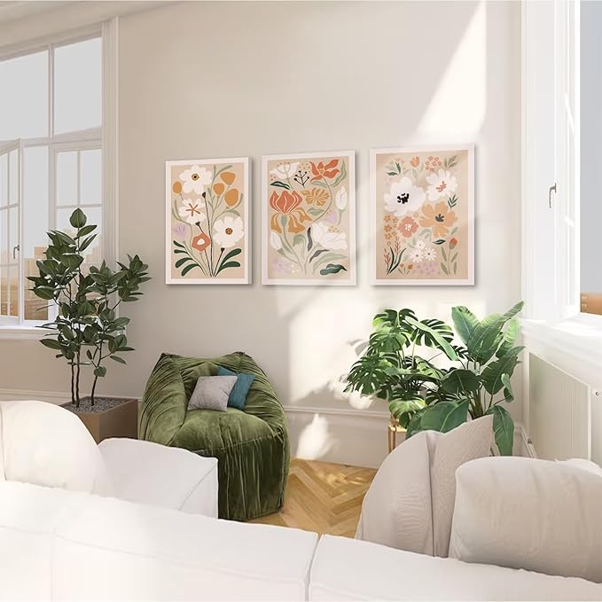 Framed Canvas Wall Art Set of 3, Minimalist Abstract Flower Floral Wall Art Farmhouse Decor, Boho Style Wall Decor Paintings, Modern Botanical Flower Art Print for Bathroom, Bedroom, Gallery, Living
