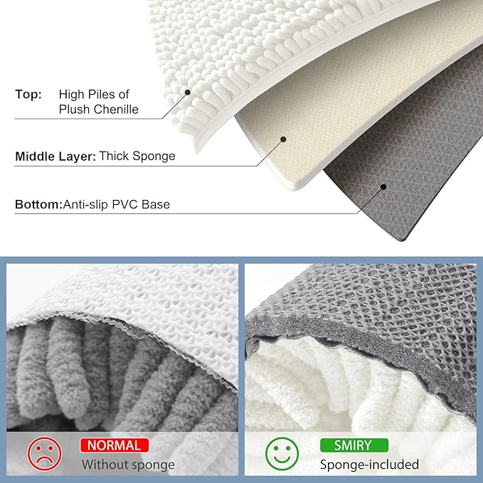 Smiry Luxury Chenille Bathroom Rugs 44x24, Extra Soft and Absorbent Shaggy Bath Mat, Machine Washable, Non-Slip Plush Carpet Runner for Tub, Shower, and Floor, Home Decor Accessories, Ivory