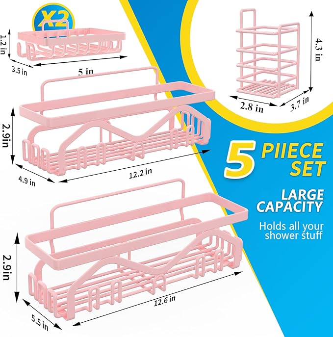 Coraje Shower Caddy - 5-Pack Adhesive Shower Organizer, Large Capacity Rustproof Stainless Steel Bathroom Organizer, Pink
