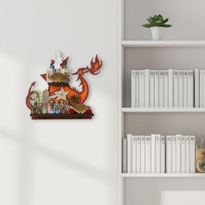 Wooden Fire-Spitting Dragon Decor Crystal Display Shelf for Wall, Rock Display Case Knick Knack Organizer Trinket Holder, Wall Hanging Shelves for Essential Oil & Nail Polish