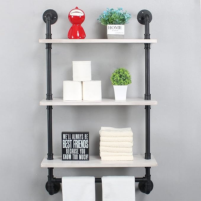 Industrial Pipe Shelving,Iron Pipe Shelves Industrial Bathroom Shelves with Towel bar,24in Rustic Metal Pipe Floating Shelves Pipe Wall Shelf,3 Tier Industrial Shelf Wall Mounted,Black & White