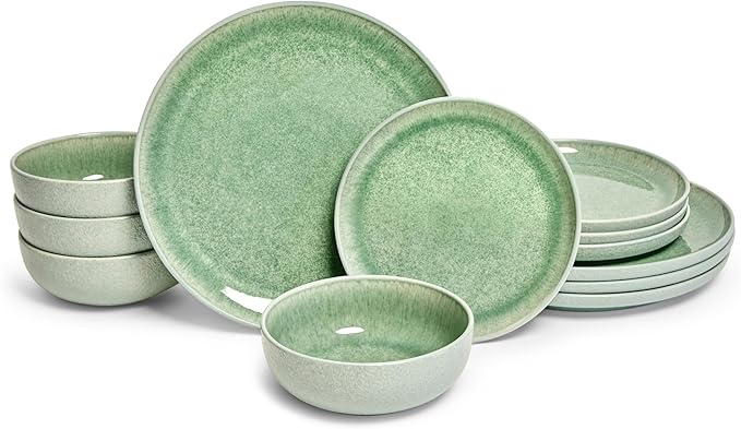 Sango Asher 12-Piece Stoneware Dinnerware Set – Service for 4, Modern Green with Reactive Glaze, Perfect for Everyday Dining & Entertainment, Microwave & Dishwasher Safe