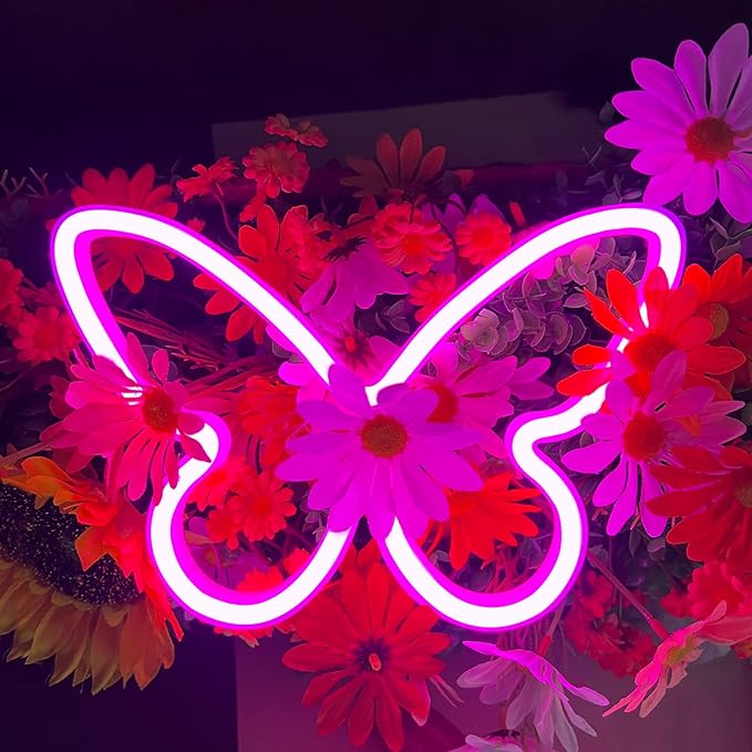 2 Pieces Butterfly Neon Sign, LED Light for Bedroom Wall Decor, USB/Battery Powered Night Light for Kids Room, Girls Home, Wedding, Birthday Party Art Decorations