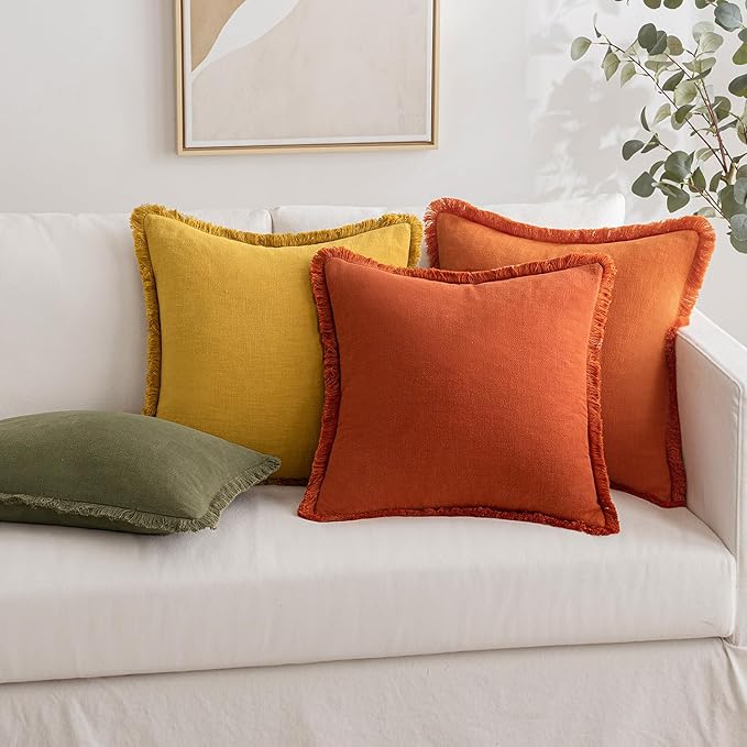 MIULEE Decorative Throw Pillow Covers Neutral Linen Fringe Throw Pillows Set of 2 Burnt Orange Boho Farmhouse Cushion Covers with Tassels for Couch Sofa Bed Living Room Home Decor 26x26 Inch