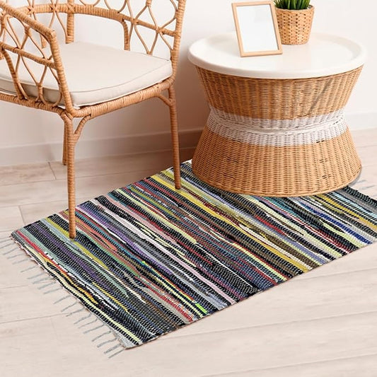 Cotton Chindi Rug with Fringes - Handcrafted Area Rag - Reversible Floor Rug for Bedroom, Living Room, Kitchen, Dorm, Entryway, Hallway - 2x3 ft (24x36 inch) Multi Colored