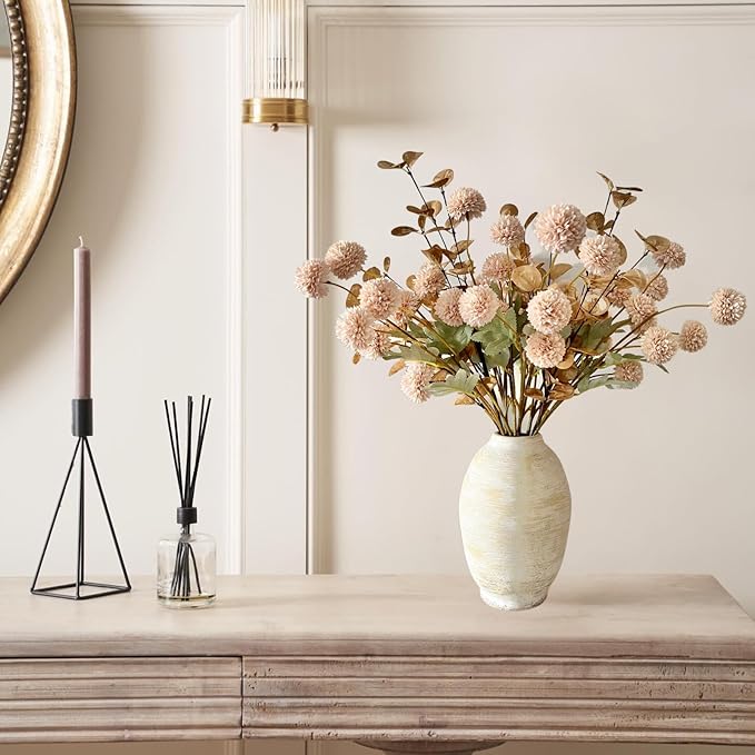 Artificial Silk Flowers Beige 10 Stems + Eucalyptus, Faux Flowers For Vase, Fake Mums Long Stem, Tan Nude Cream Neutral Floral, Chrysanthemum Pom Pom Floral Arrangements, Mini Faux Mums Flower Bulk