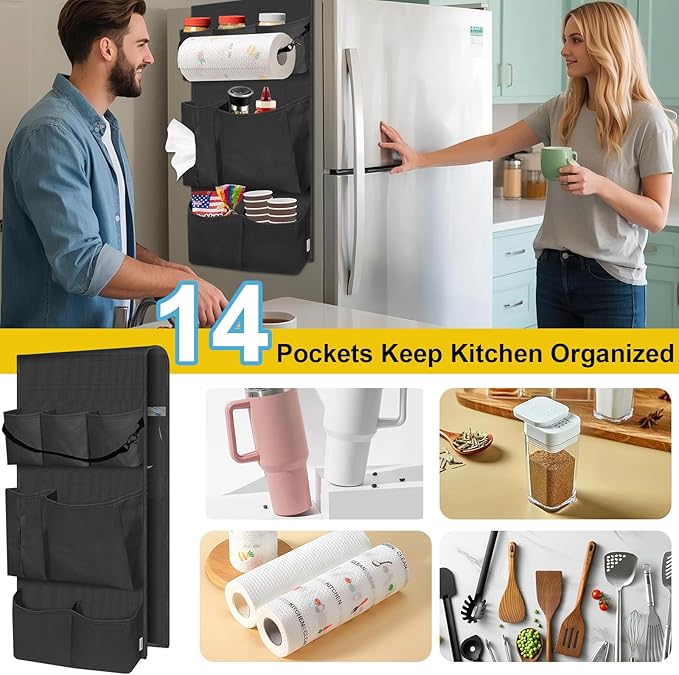 homyfort Mini Fridge Organizer, Over The Fridge Storage Organizer with 14 Pockets, College Dorm Storage for Office, Kitchen, Home, School, Black